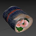Leaf Wrapped Food Roll With Red String Tied And Fresh Shrimp Green Vegetables