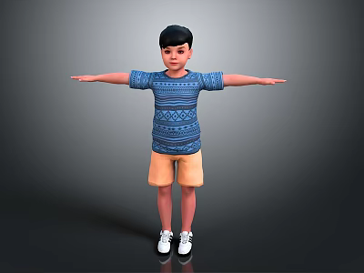 Little Boy With Arms Stretched Out Wearing Blue Patterned Shirt Yellow Shorts And White Sneakers 3d model