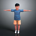 Little Boy With Arms Stretched Out Wearing Blue Patterned Shirt Yellow Shorts And White Sneakers
