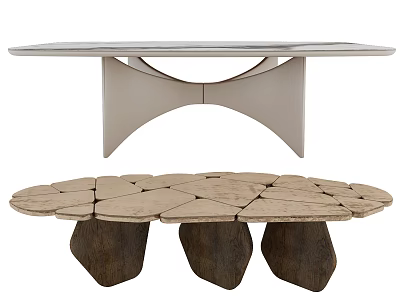 Unique Design Dining Tables With White Top Curved Base And Irregular Stone Surface Wooden Legs 3d model
