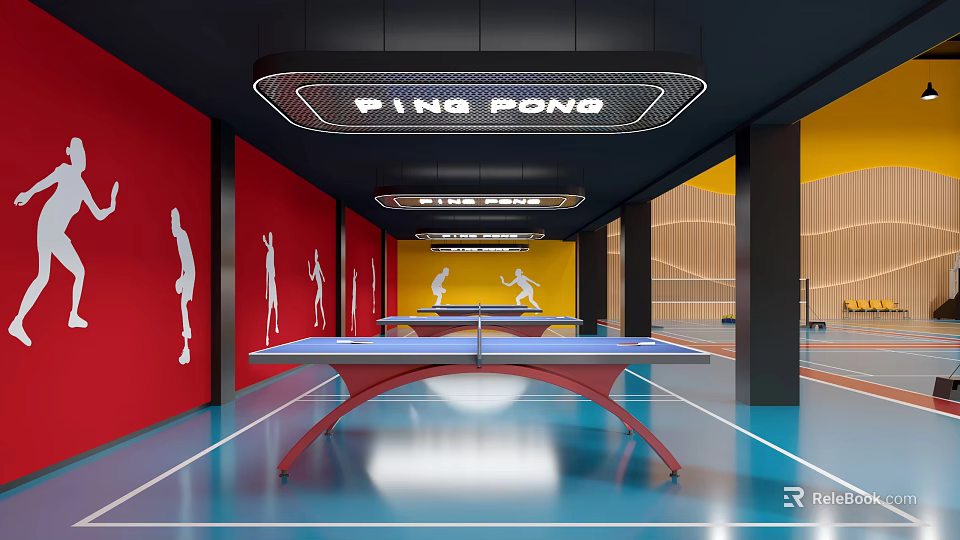 Basketball Court Interior With Red Walls White Silhouettes And Blue Flooring 3d model 