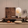 Tatami Tea Table and Chair Tatami Tea Table and Chair Tea Table Chandelier Dried Branches Flower Art Hanging Painting 3d model