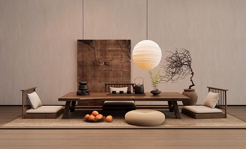 Tatami Tea Table and Chair Tatami Tea Table and Chair Tea Table Chandelier Dried Branches Flower Art Hanging Painting 3d model