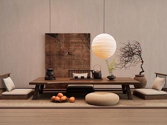 Tatami Tea Table and Chair Tatami Tea Table and Chair Tea Table Chandelier Dried Branches Flower Art Hanging Painting 3d model