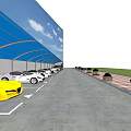 Blue Car Parking Canopy Covering Vehicles In Parking Lot With Paved Ground And Flower Beds