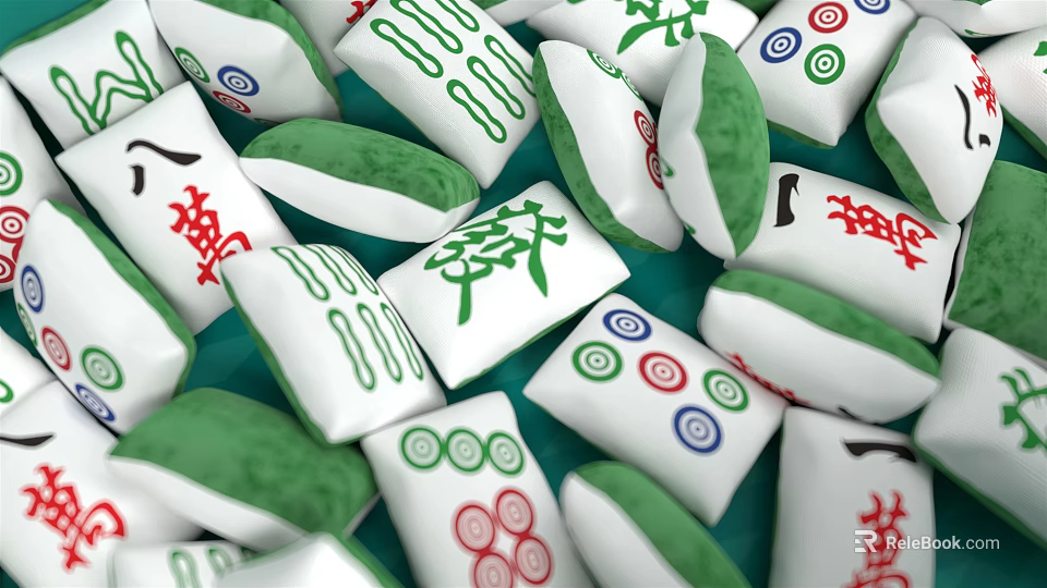 Mahjong Themed Decorative Pillows In White Green With Traditional Symbols And Red Characters 3d model 