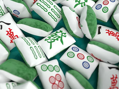 Mahjong Themed Decorative Pillows In White Green With Traditional Symbols And Red Characters 3d model