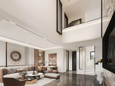 Modern Duplex Living Room Interior Design With High Ceiling Staircase Sofa And Decorative Painting 3d model