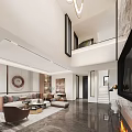 Modern Duplex Living Room Interior Design With High Ceiling Staircase Sofa And Decorative Painting
