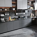 Modern Kitchen Interior With Grey Cabinets Open Shelves White Refrigerator And Black Countertop