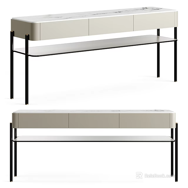 Modern Entryway Sideboard Cabinet With Light Finish Black Metal Legs Storage Drawers And Open Shelf 3d model 