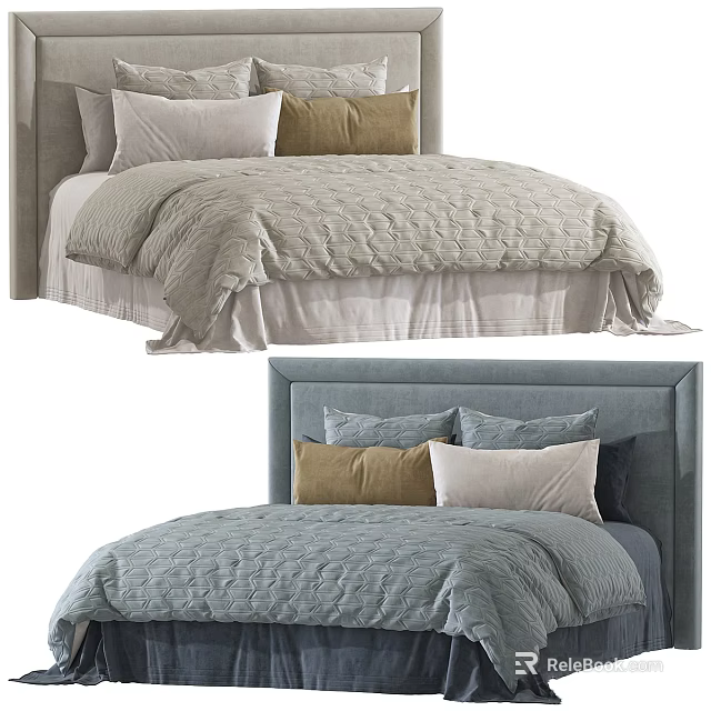 Double Bed With Upholstered Headboard Soft Quilted Bedding And Decorative Pillows 3d model