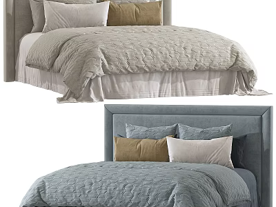 Double Bed With Upholstered Headboard Soft Quilted Bedding And Decorative Pillows 3d model