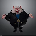 Chubby Cartoon Pig Character With Red Ears Black Jacket Open Arms Exaggerated Expression Gold Buttons