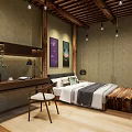 Cozy Modern Interior Space With Wooden Ceiling Hanging Lights Decorative Paintings Sofa Chairs And Flooring