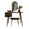 Modern Wooden Dressing Table With Yellow Drawers Round Mirror And Stool 3d model