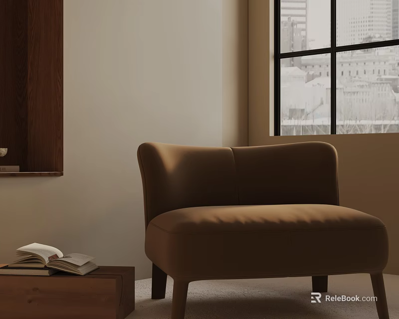 Brown Leisure Chair With Wooden Side Table Open Book Near Window City View 3d model 