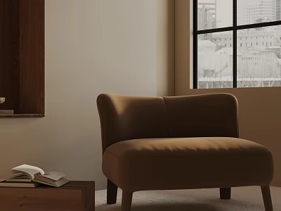 Brown Leisure Chair With Wooden Side Table Open Book Near Window City View 3d model