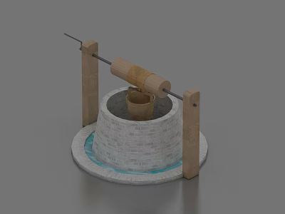 Traditional Stone Well Structure With Wooden Pulley Bucket And Circular Base Water Effect 3d model