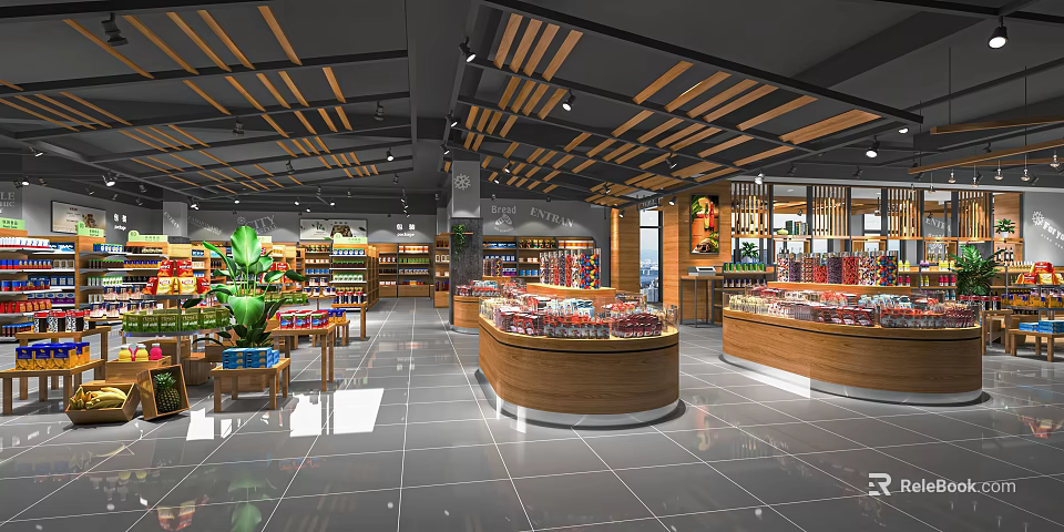 Bright Spacious Supermarket Department Store Interior With Shelves Display Cabinets Plants And Products 3d model 