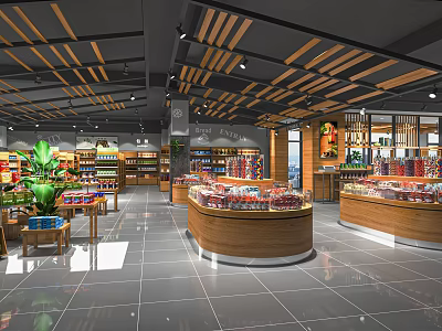 Bright Spacious Supermarket Department Store Interior With Shelves Display Cabinets Plants And Products 3d model