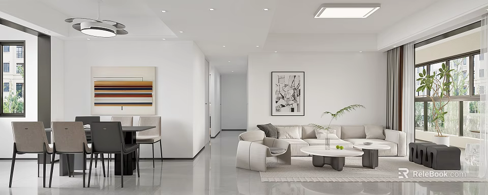 Modern Living Dining Room Interior With Sofa Coffee Table Plants And Artwork 3d model