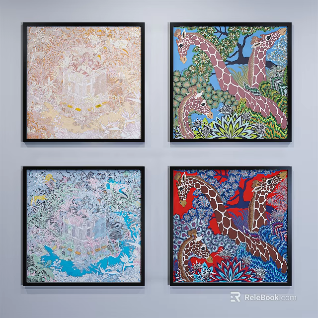 Colorful Art Paintings With Giraffe Architecture And Floral Patterns For Wall Decor 3d model 