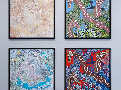 Colorful Art Paintings With Giraffe Architecture And Floral Patterns For Wall Decor 3d model