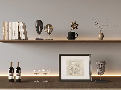 Red Wine Glass Pot Ornaments Books Decorative Painting Nordic Light Storage Rack Wall Hanging Solid Wood Storage Rack 3d model