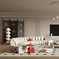 Elegant Living Room Interior With White Sofa Orange Armchair Chandelier Fireplace And Geometric Rug