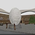 Large Woven Spherical Sculpture in Indoor Space with Stone Walls Wooden Railings and Green Plants