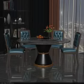 Elegant Modern Dining Table Set With Round Marble Top Black Base And Blue Tufted Chairs