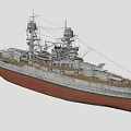 Detailed Battleship 3D Model Featuring Upper Structure Masts Turrets And Gray Hull 3d model