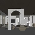Modern Tourist Center Interior Design With Archway Wooden Ceiling Sofas Bookshelves And Staircase