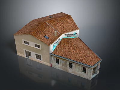 Traditional House Exterior With Brown Tile Roof Stone Wall And Side Mural Design 3d model