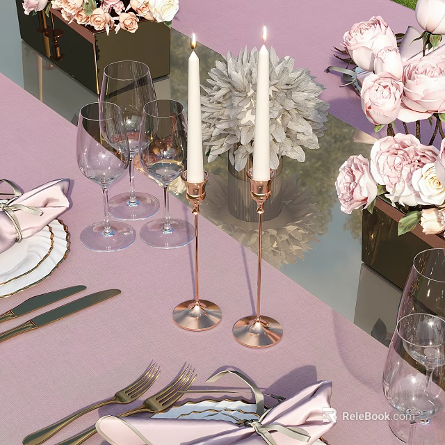 Elegant Decorative Ornament Set With Copper Candle Holders White Candles Pink Flowers On Purple Tablecloth 3d model 