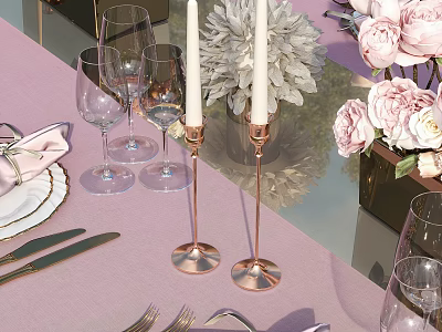 Elegant Decorative Ornament Set With Copper Candle Holders White Candles Pink Flowers On Purple Tablecloth 3d model