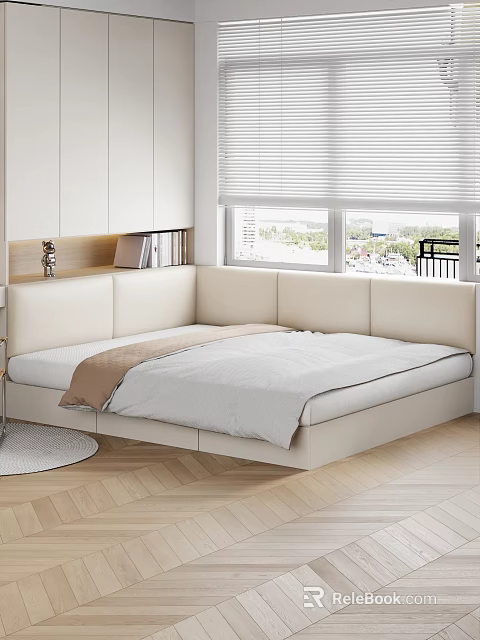 Modern Tatami Bedroom Interior Design With Light Colored Bed Window Blinds And Storage 3d model 