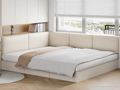 Modern Tatami Bedroom Interior Design With Light Colored Bed Window Blinds And Storage 3d model