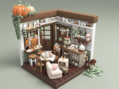 Miniature Cozy Café Model With Pumpkins Ivy Wooden Shelves And Tableware 3d model