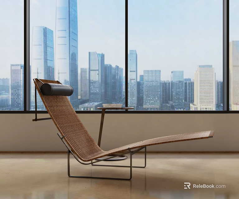 Modern Lounge Chair With Wicker Design And Metal Frame By Window Overlooking City Skyline 3d model 