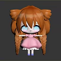Cute Cartoon Female Doll Wearing Pink Dress with Orange Twin Ponytails and Big Eyes