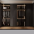 Elegant Modern Wardrobe Interior With Glass Doors Hanging Rails And LED Lighting