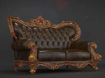 Vintage Brown Leather Double Sofa With Ornate Carved Details And Tufted Backrest 3d model