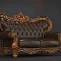 Vintage Brown Leather Double Sofa With Ornate Carved Details And Tufted Backrest