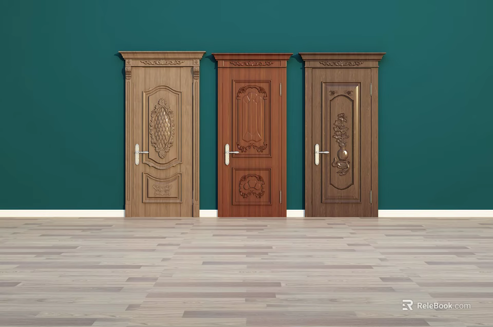 Solid Wood Hinged Doors With Carved Patterns In Different Colors On Green Wall 3d model