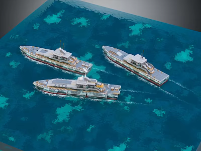 Three Military Warships Cruising Through Blue Ocean Waters With Coral Reefs 3d model