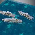 Three Military Warships Cruising Through Blue Ocean Waters With Coral Reefs