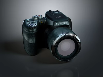 Fujifilm Digital Camera With Large Lens And Control Buttons On Black Surface 3d model