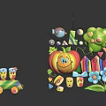 Colorful Cartoon Play Elements With Smiling Apple Train Tree Fence Flowers And Blocks